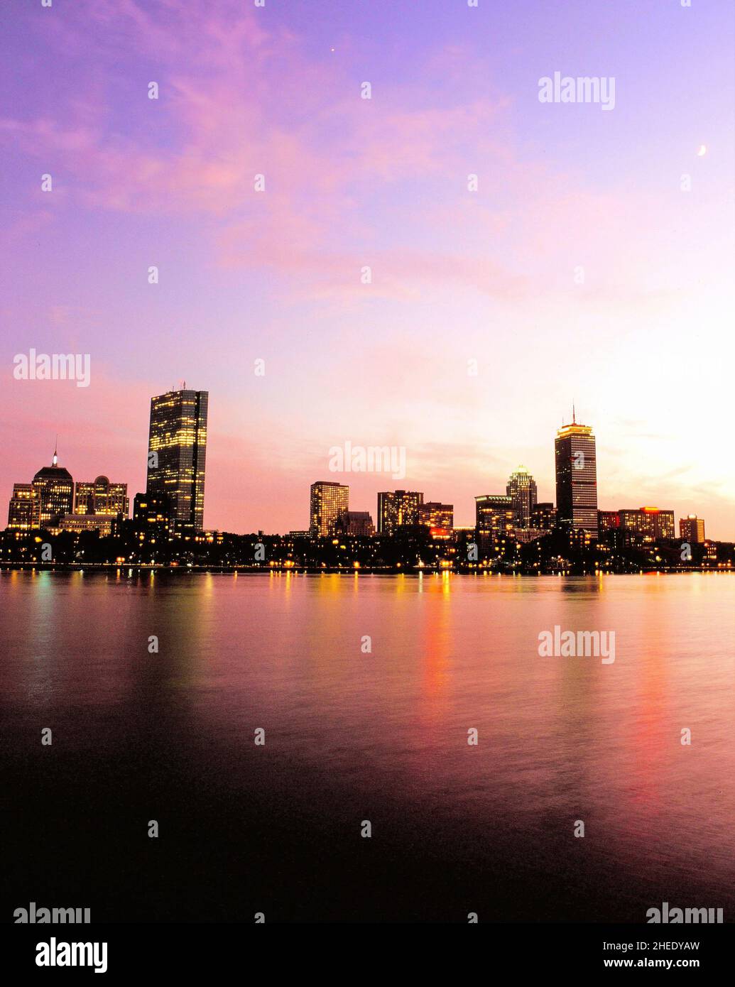 Boston twilight from the Charles River at dusk Stock Photo