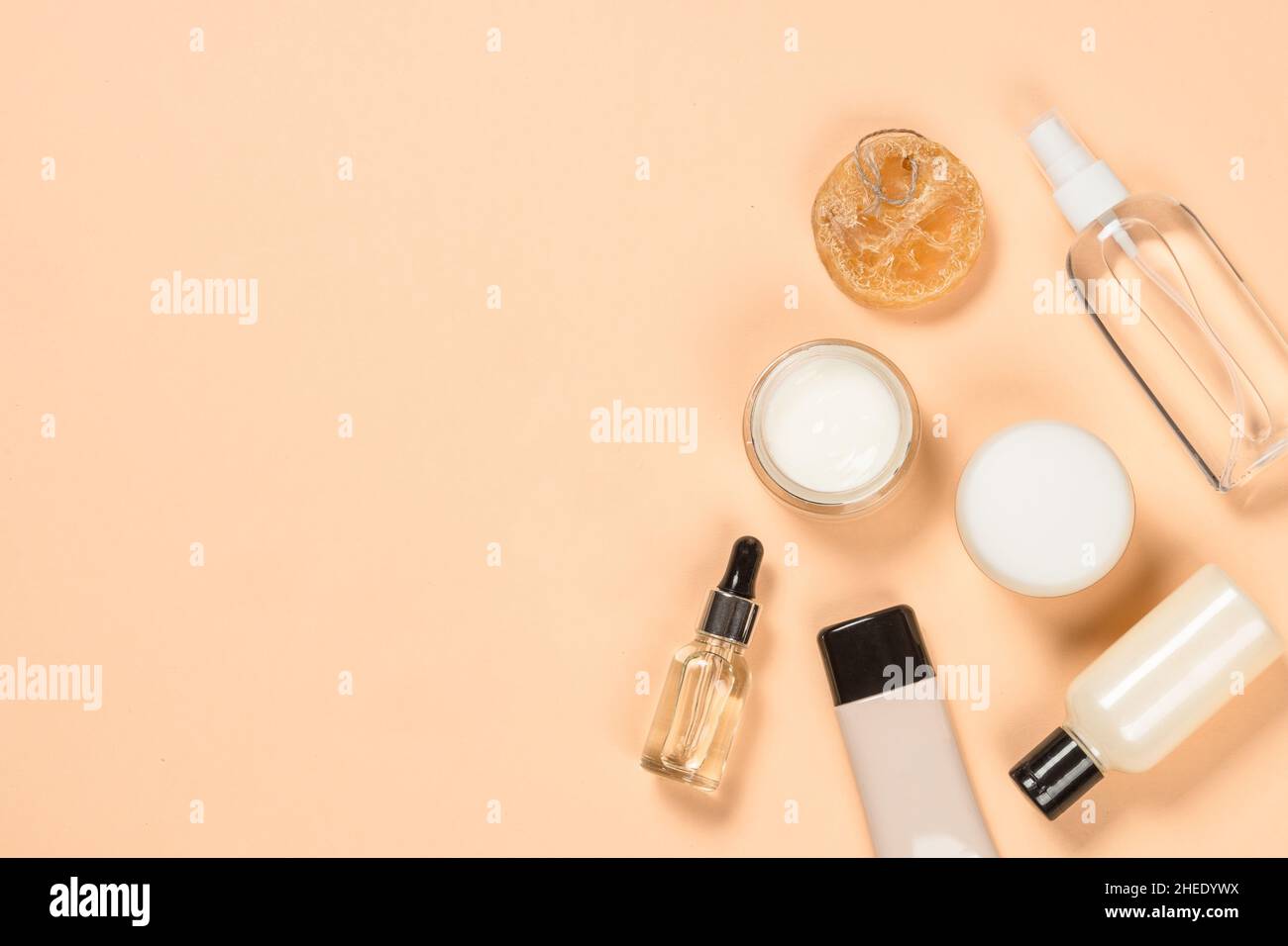 Spa and wellness products at trendy beige background. Stock Photo