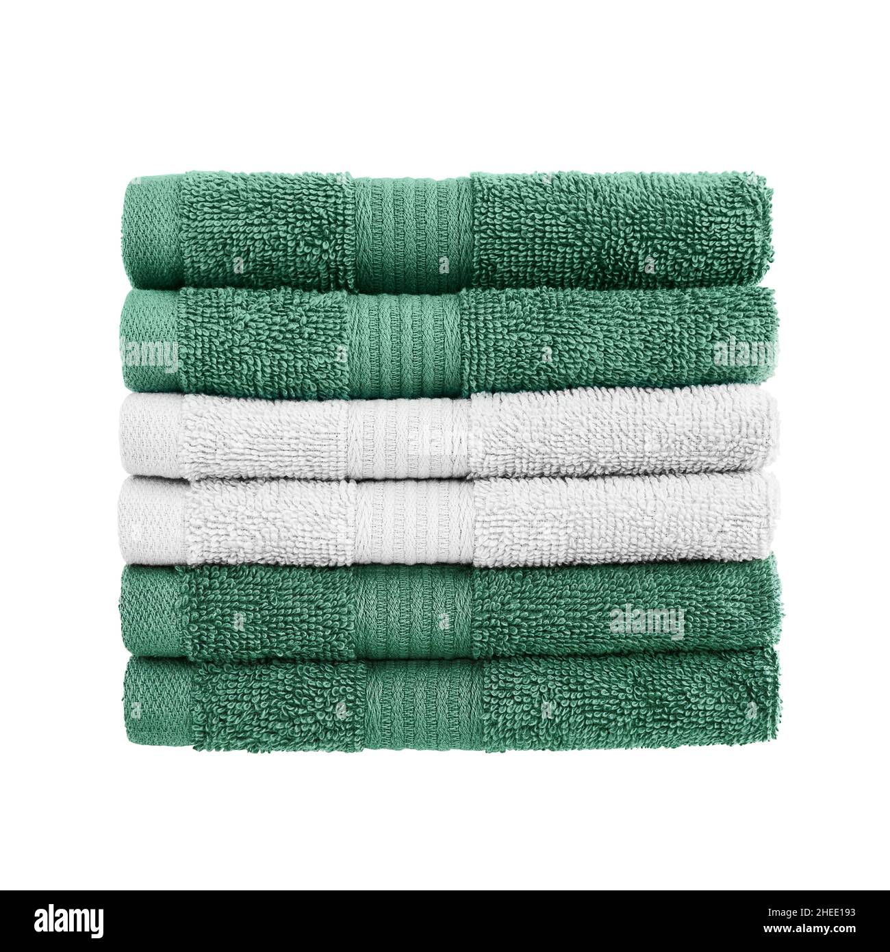 Folded in stack green and gray towels isolated over white background with clipping path. Stock Photo
