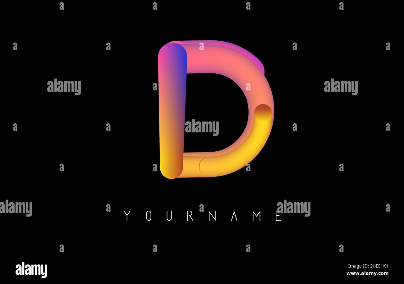 Letter D logo with rainbow 3d gradient. Creative vector illustration with typographic and vibrant gradient shape. Liquid color path. Stock Vector
