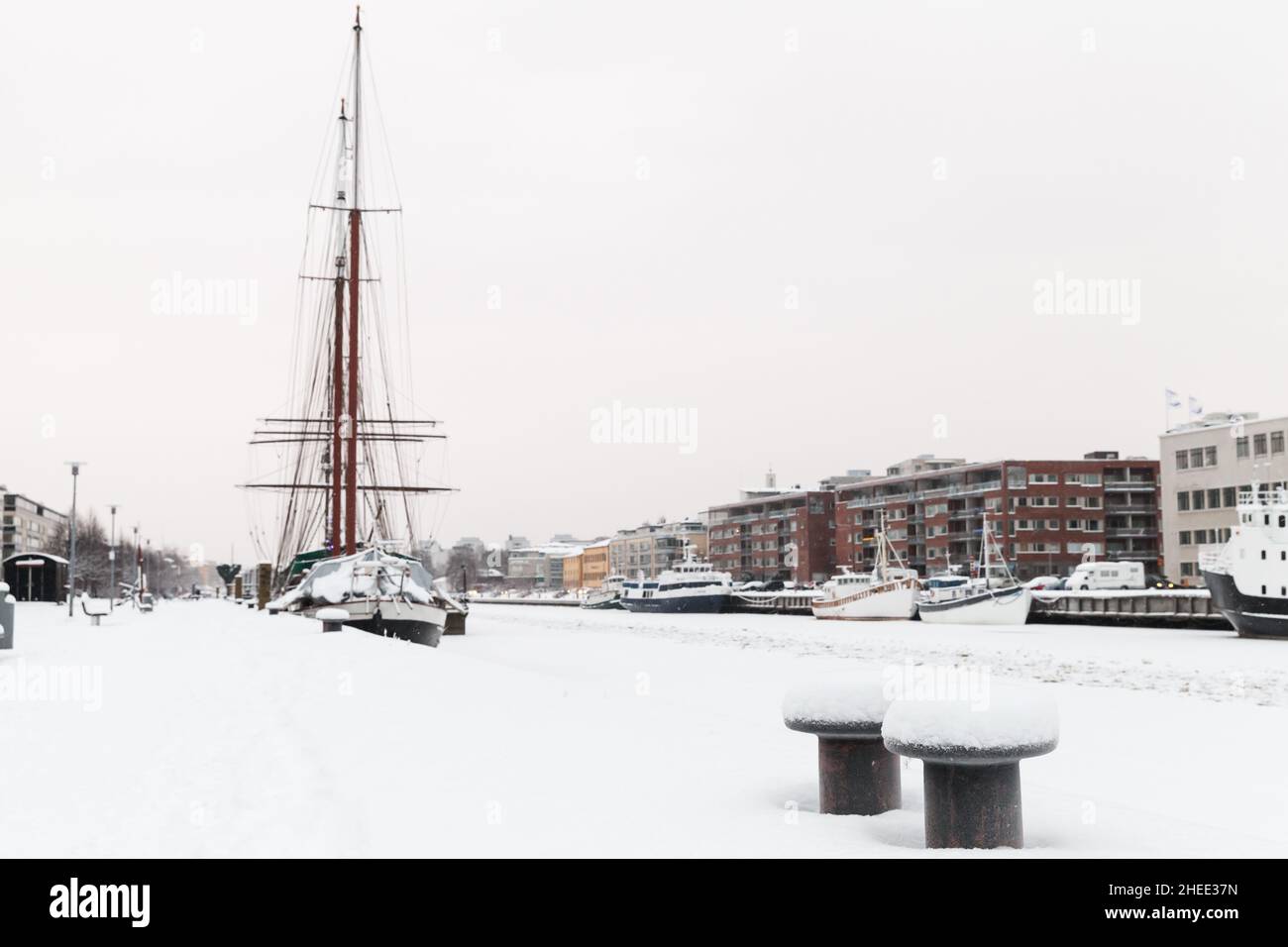 Mooring bollards in winter port of Turku, Finland Stock Photo
