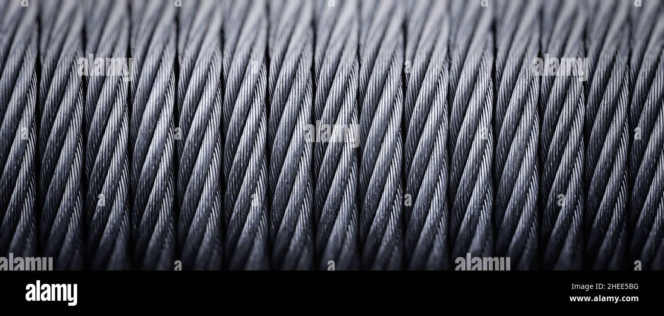Metal cable winch. Steel rope winch close-up. strong still background Stock Photo