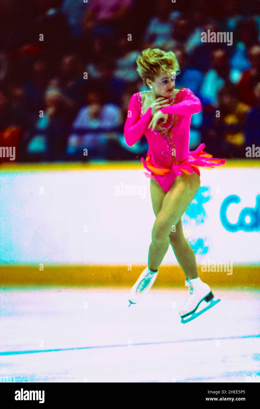 Elizabeth Manley (CAN) competing in the short program of the Women's figure skating at the 1988 Olympic Winter Games Stock Photo