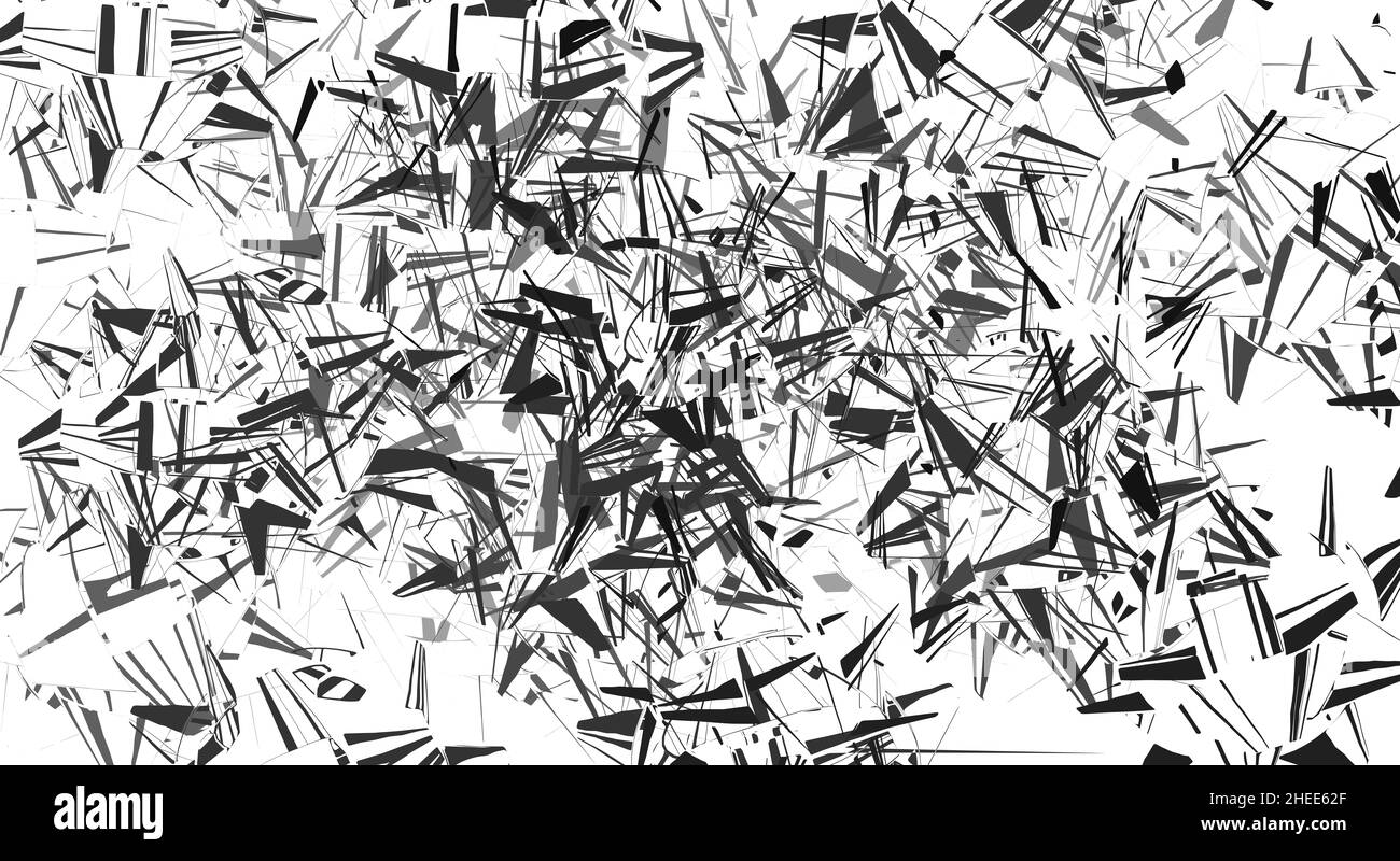 Black geometric random chaotic lines on white background. Horizontal