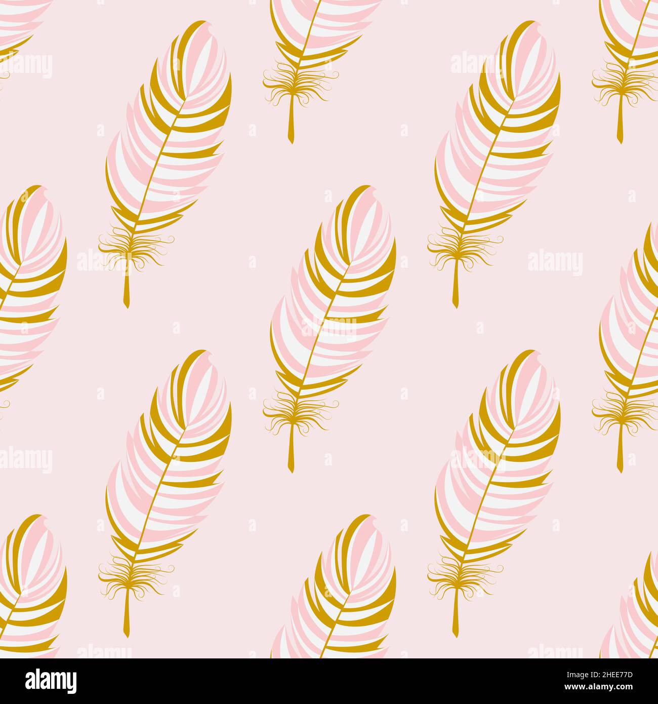 Colorful seamless pattern of pink gold feathers. Vector pattern with bird feathers for textiles, wallpaper or packaging. Stock Vector
