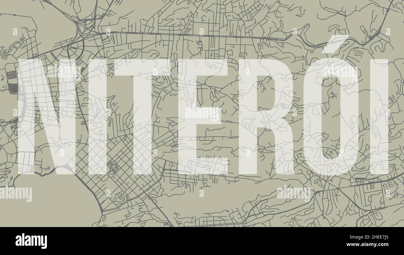 Niteroi map city poster, horizontal background vector map with opacity title. Municipality area street map. Widescreen Brazilian skyline panorama. Stock Vector