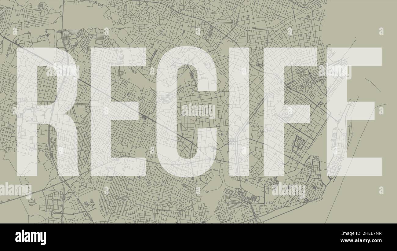 Recife map city poster, horizontal background vector map with opacity title. Municipality area street map. Widescreen Brazilian skyline panorama. Stock Vector