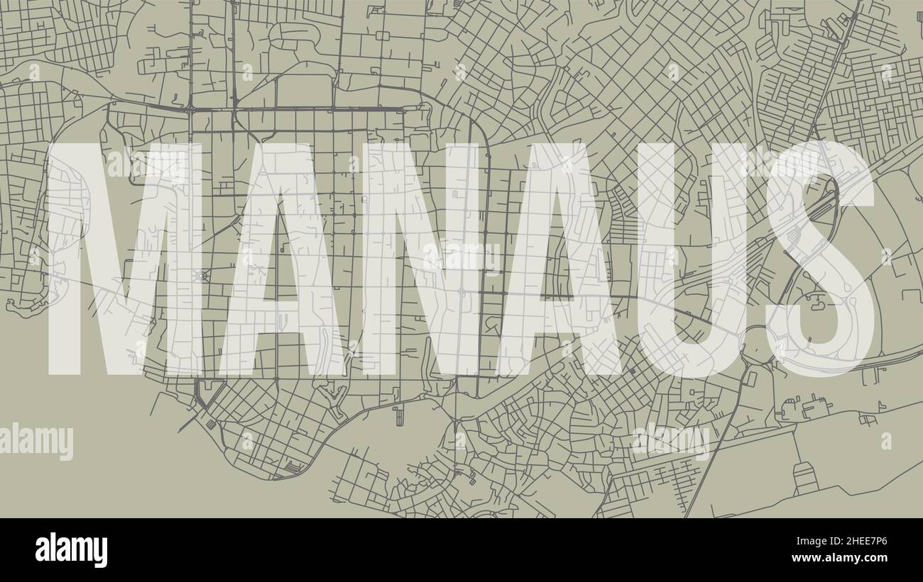 Manaus map city poster, horizontal background vector map with opacity title. Municipality area street map. Widescreen Brazilian skyline panorama. Stock Vector