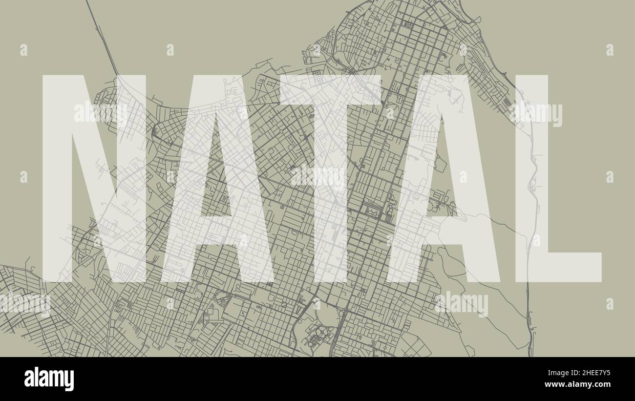 Natal map city poster, horizontal background vector map with opacity title. Municipality area street map. Widescreen Brazilian skyline panorama. Stock Vector