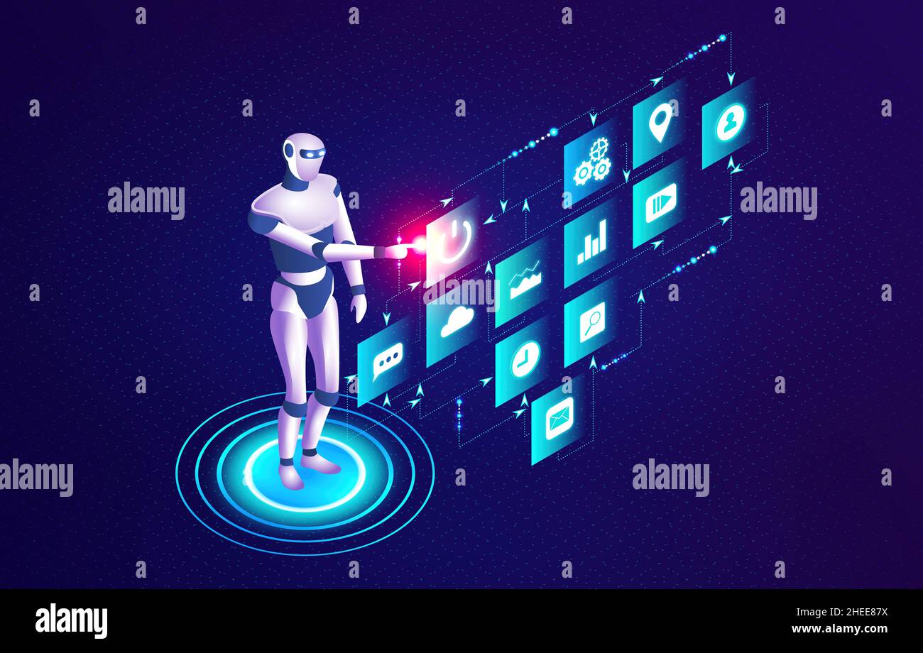 Robotic Process Automation - RPA - Business Process Automation - Concept with Humanoid Robot Directing Business Processes - 3D Isometric Illustration Stock Photo - Alamy