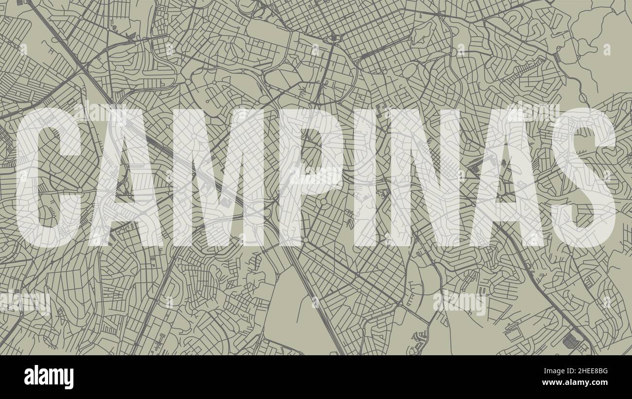 Campinas map city poster, horizontal background vector map with opacity title. Municipality area street map. Widescreen Brazilian skyline panorama. Stock Vector