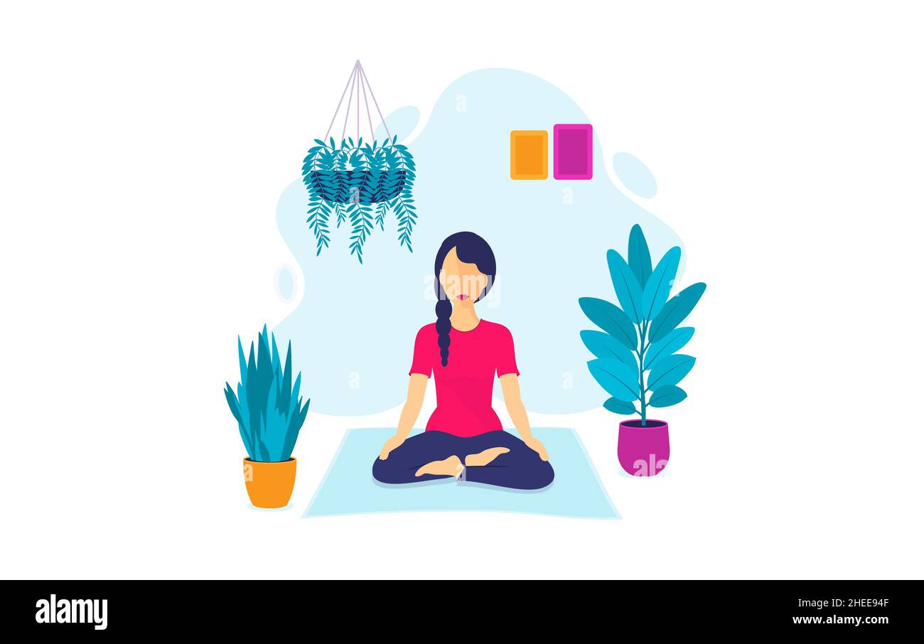 Young Woman Meditating Indoors Surrounded by Plants - Meditation Concept Stock Photo