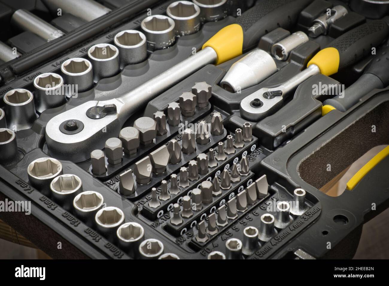 Close up of mechanical hand tool kit. Mechanic instrumental toolbox. Stock Photo