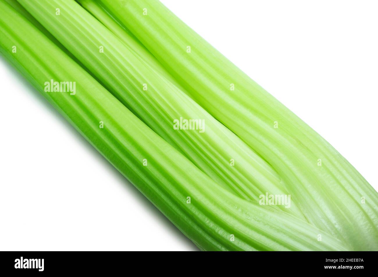 Close-up of celery stalks on white background. Fresh green vegetables. Organic and diet concept. Stock Photo