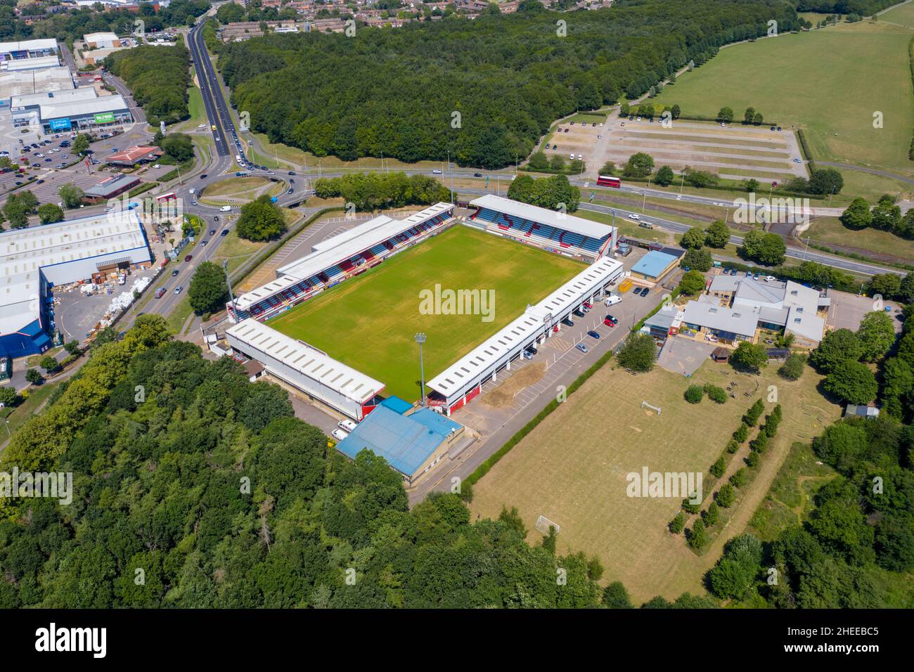Aerial photo of the Stevenage Football Club a professional association football club based in the town of Stevenage, Hertfordshire, England on a sunny Stock Photo