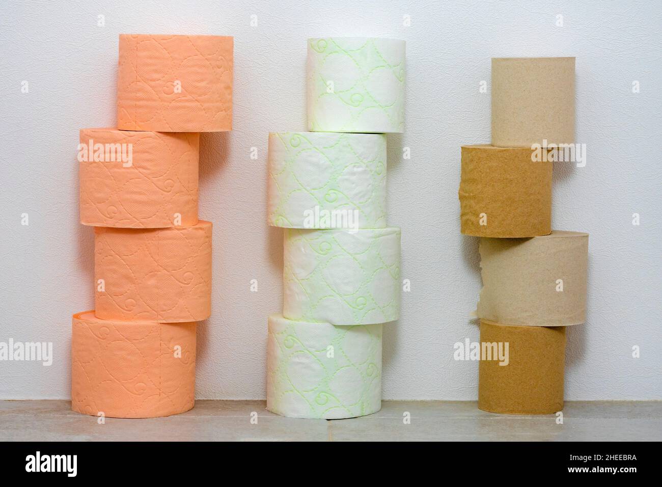 Different types of toilet paper. Rows of Toilet Coils. soft hygienic paper. Hygiene Concept Stock Photo