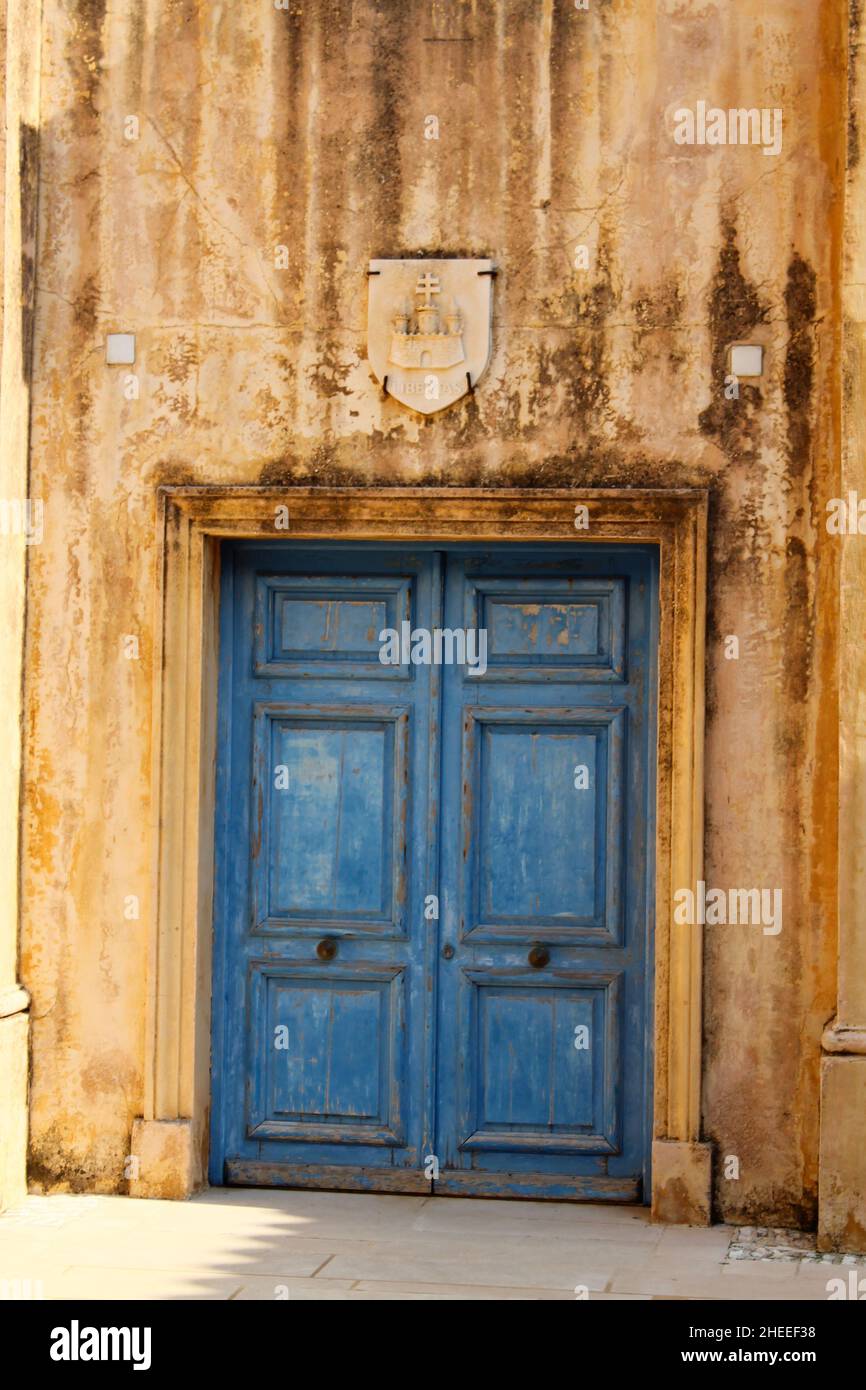 Blue Vintage Front door in old town Bonifacio. Bonifacio is a small beautiful city on the island corsica. Stock Photo