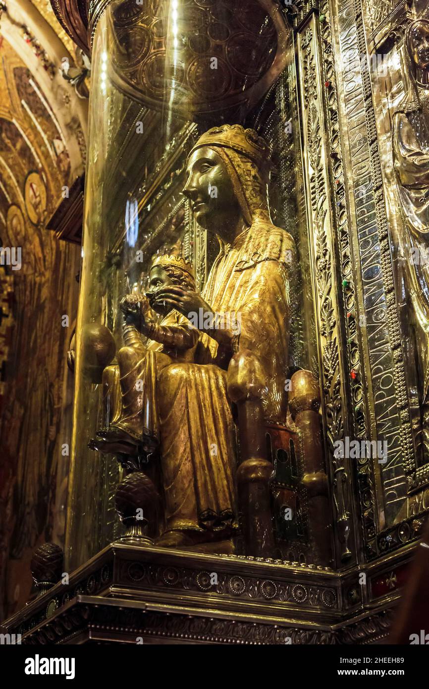 MONTSERRAT, SPAIN - MAY 15, 2017: The Black Virgin is a highly regarded sculptural image of the Virgin Mary with the Child, kept in the Benedictine Mo Stock Photo