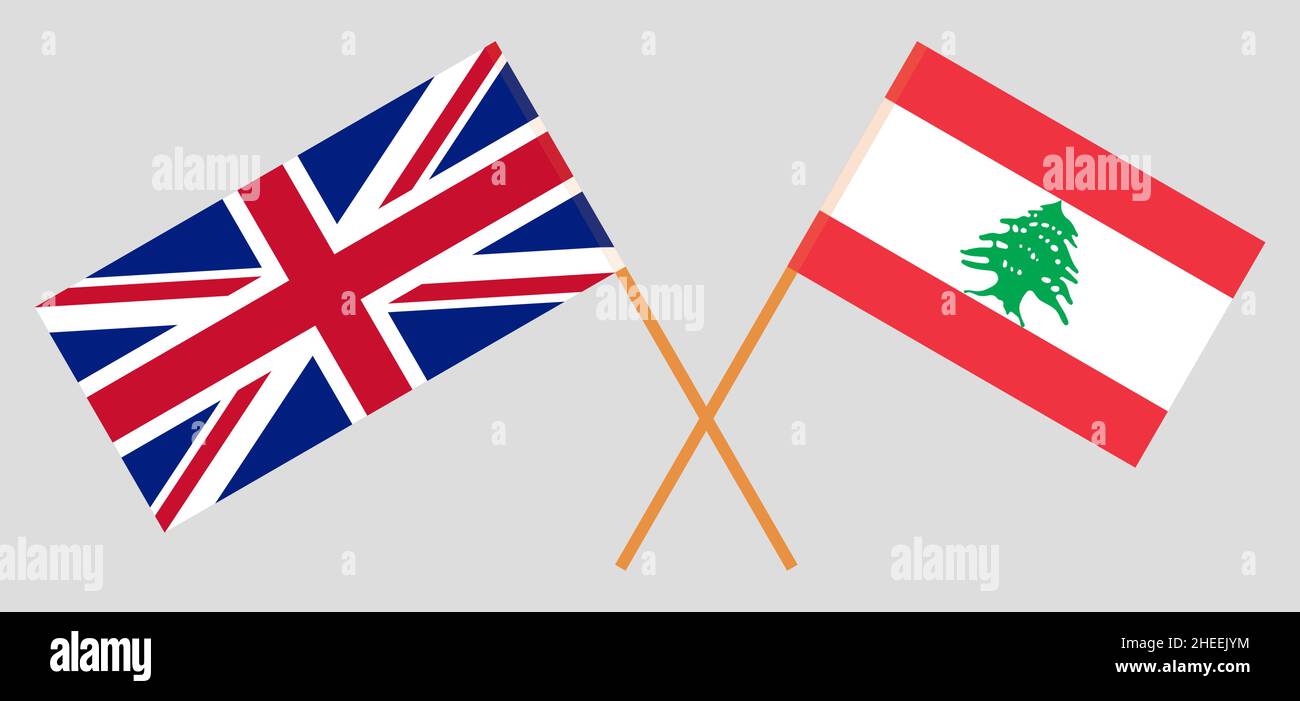 Crossed flags of Lebanon and the UK. Official colors. Correct proportion. Vector illustration Stock Vector