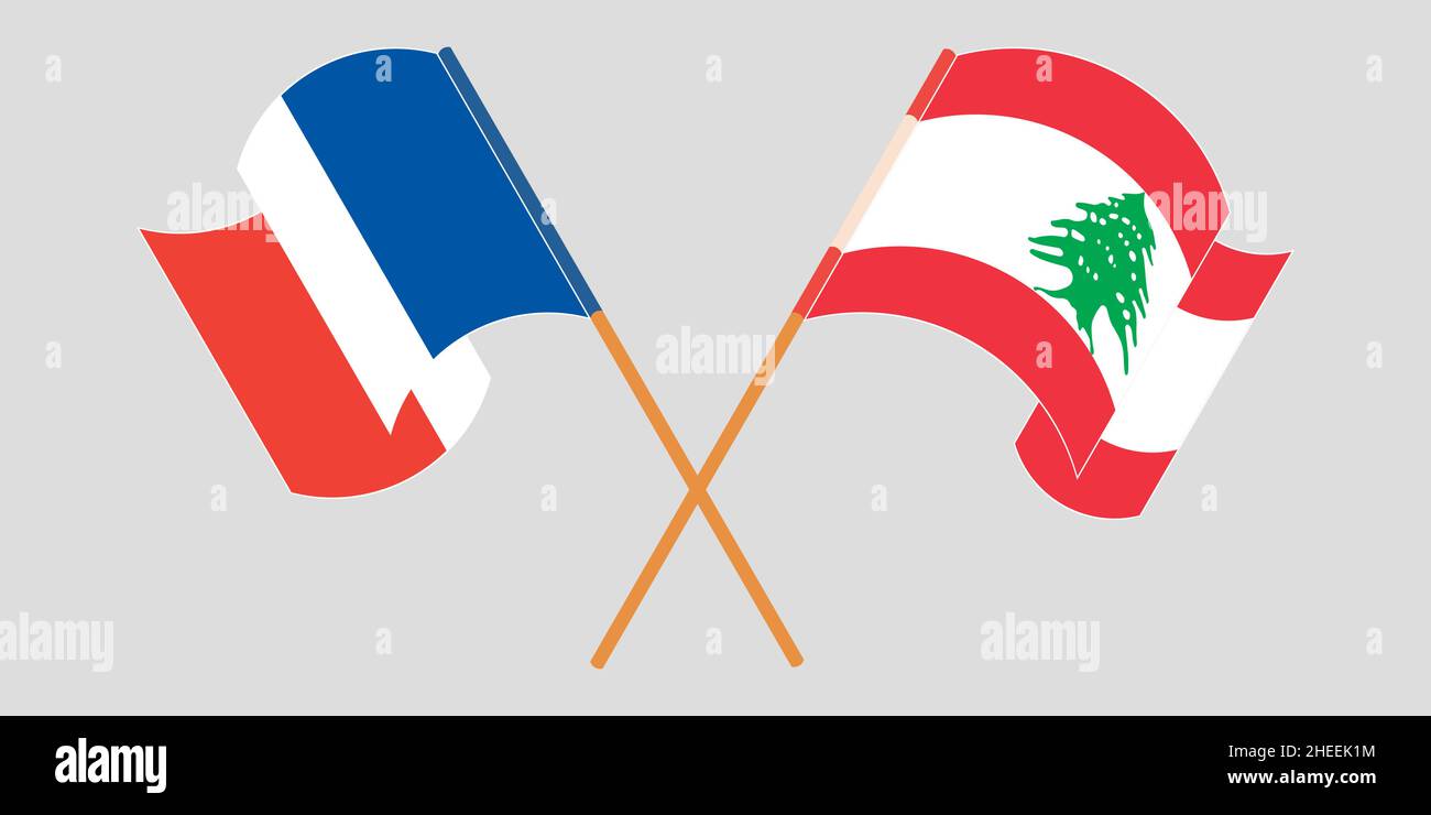 Crossed and waving flags of Lebanon and France. Vector illustration Stock Vector