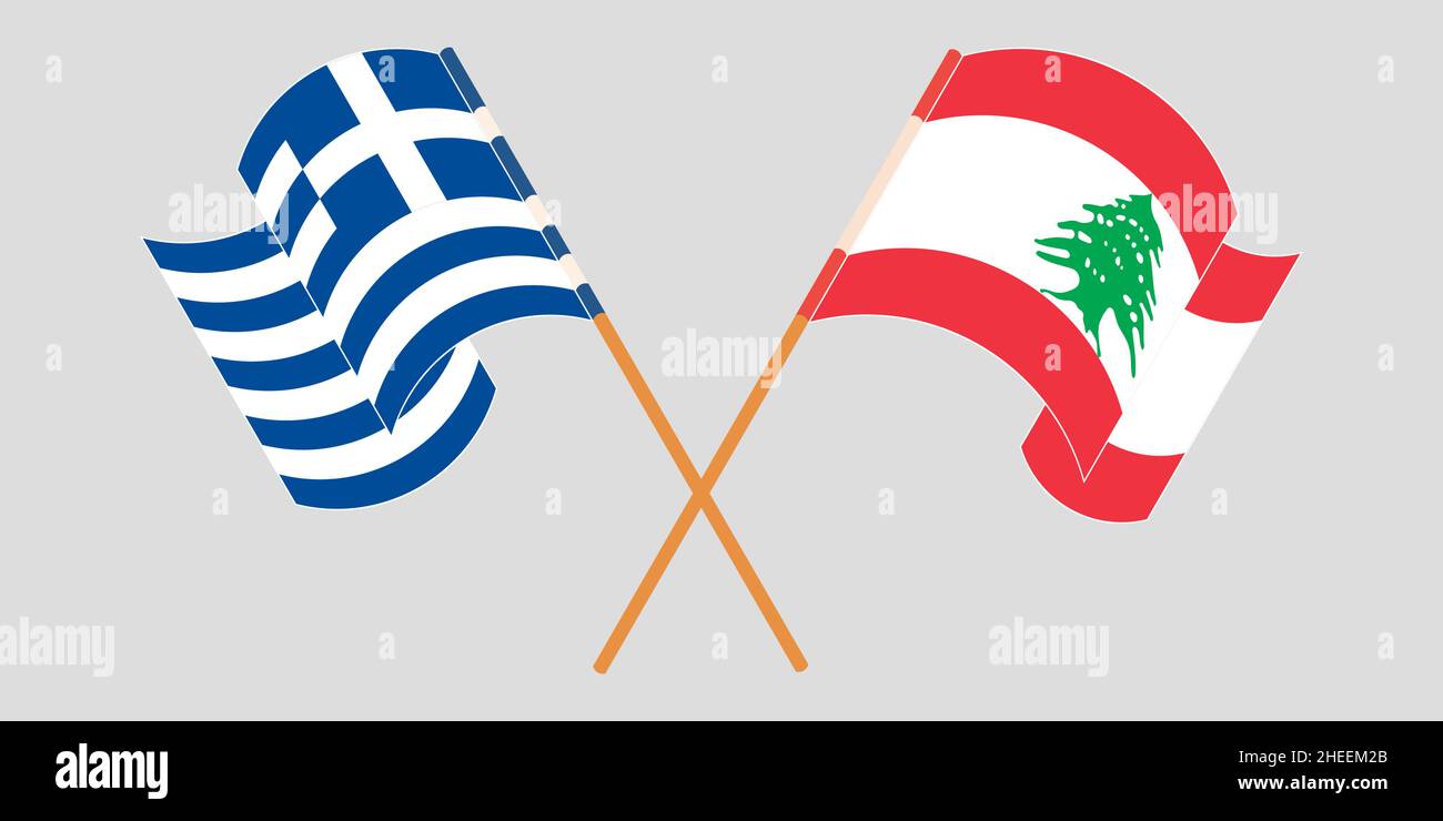 Crossed and waving flags of Lebanon and Greece. Vector illustration Stock Vector