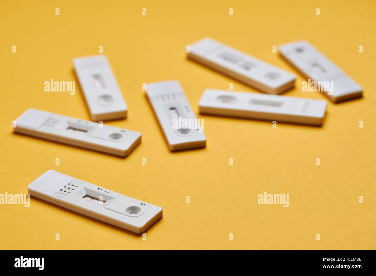 Yellow background with various covid negative rapid tests Stock Photo