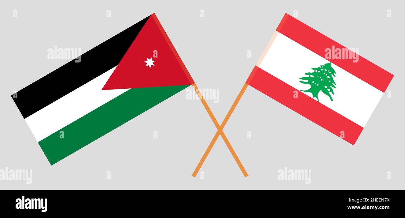 Crossed flags of Lebanon and Jordan. Official colors. Correct proportion. Vector illustration Stock Vector