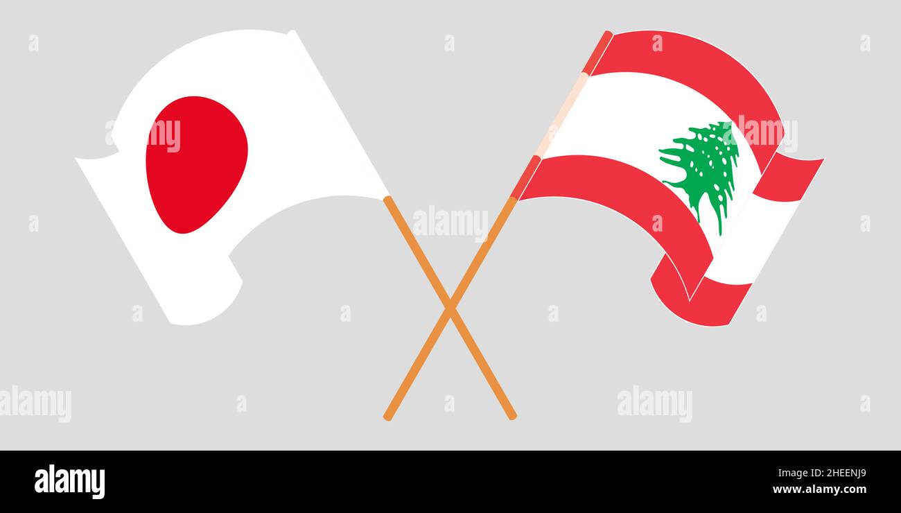 Crossed and waving flags of Lebanon and Japan. Vector illustration Stock Vector