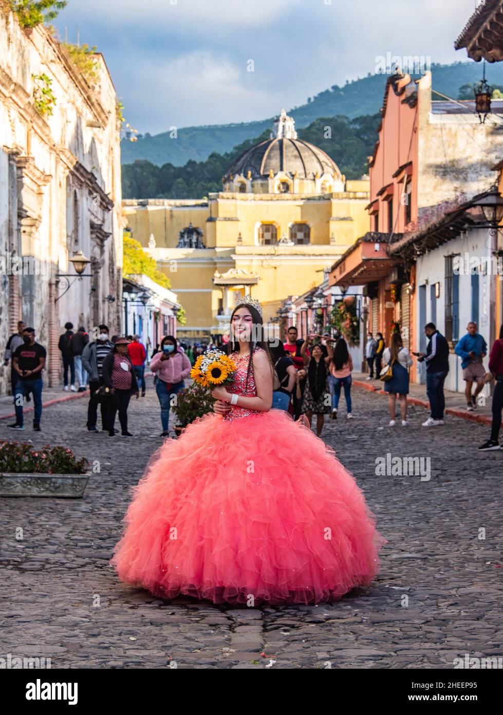 Guatemalan posing in the street of Antigua during the Flower Festival, Antigua, Guatemala Stock Photo