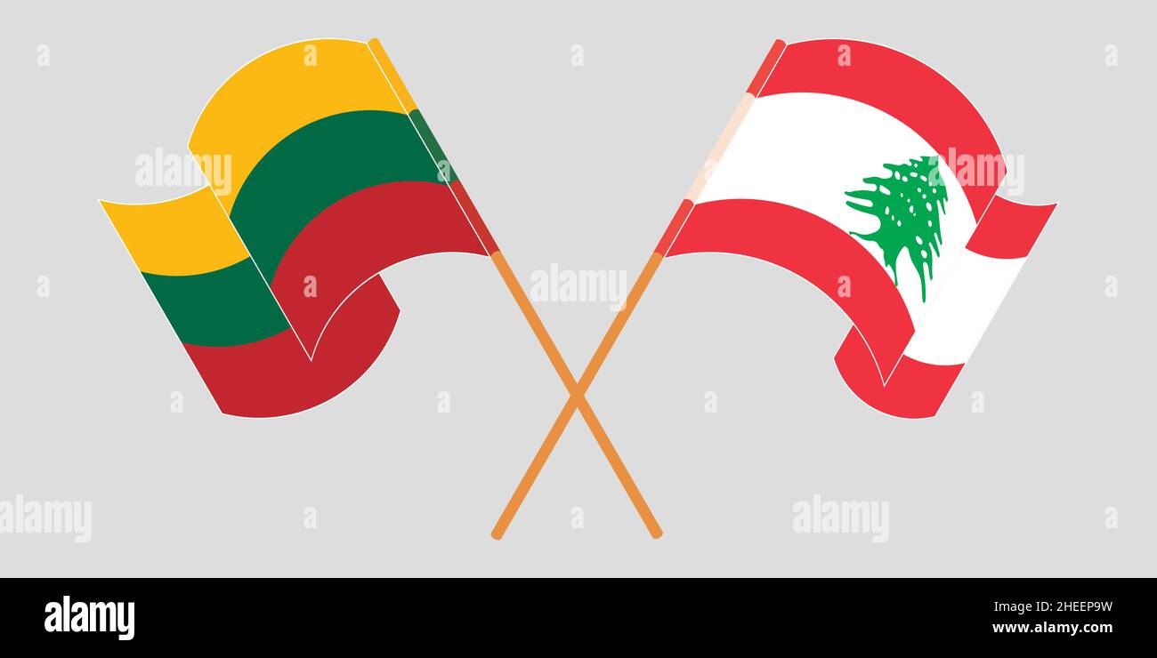 Crossed and waving flags of Lebanon and Lithuania. Vector illustration Stock Vector