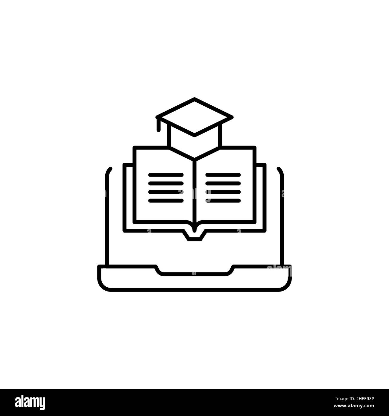 Online education outline vector icon graduation cap laying on book line icon Stock Vector