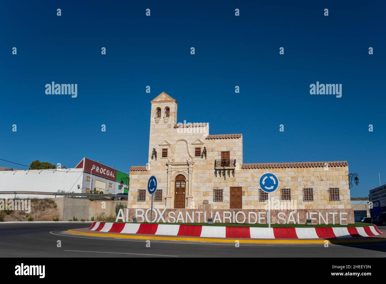 Albox, Almeria, Andalusia, Spain. Entrance road roundabout with reproduction of the Santuario del Saliente, Monastery of the Virgin of the Saliente Stock Photo