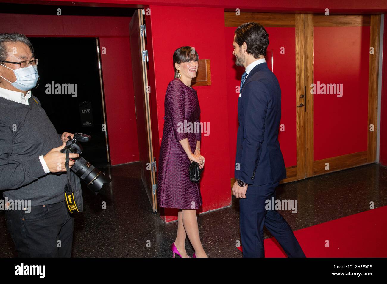 Princess Sofia and Prince Carl Philip arrive to the the performance "Celebrate democracy - 100 years" at Annexet in Stockholm Sweden January 10, 2022. Stock Photo