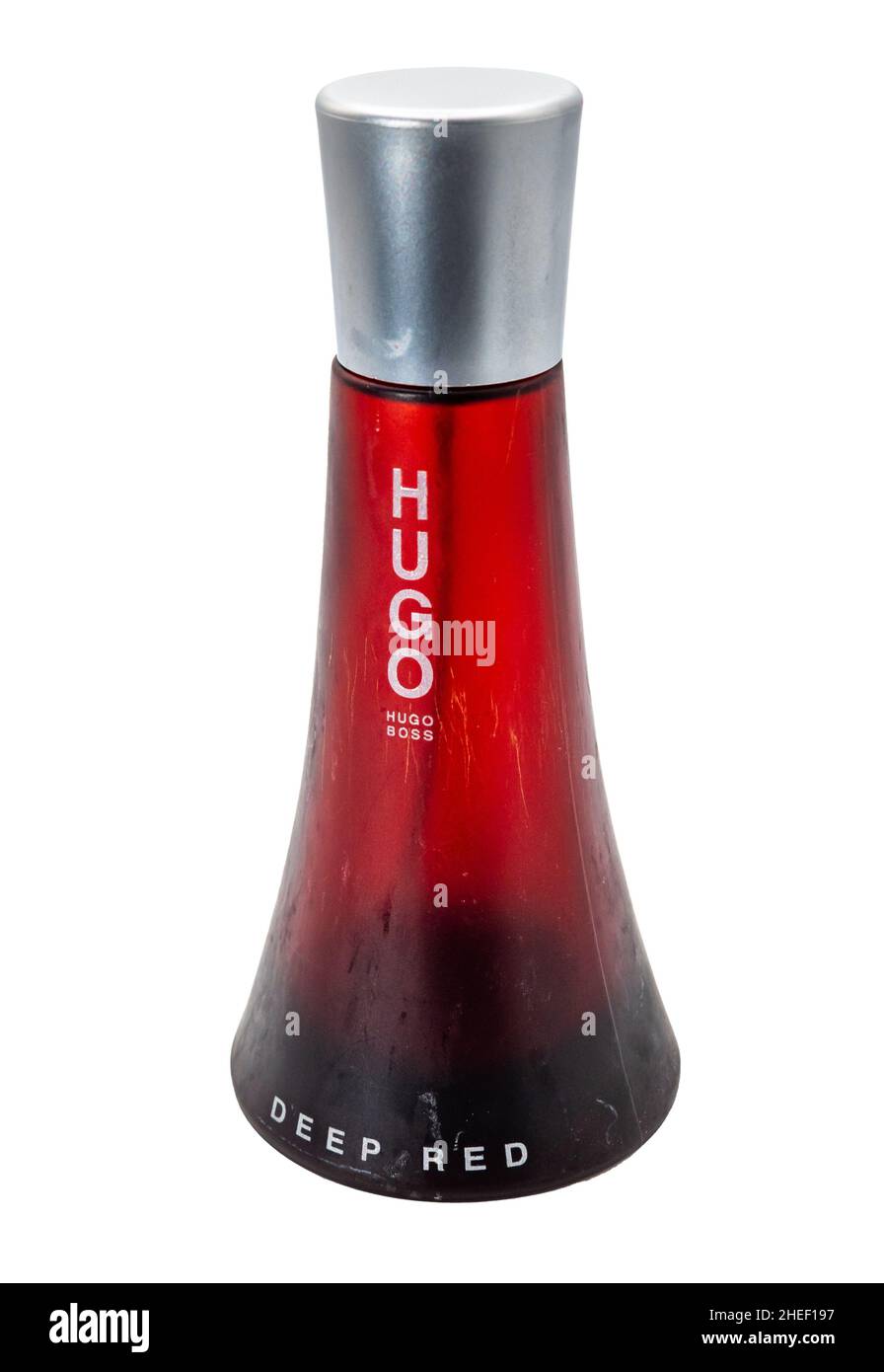 Norwich, Norfolk, UK – January 2022. A bottle of Hugo Boss Deep Red ladies  perfume cut out isolated on a plain white background Stock Photo - Alamy