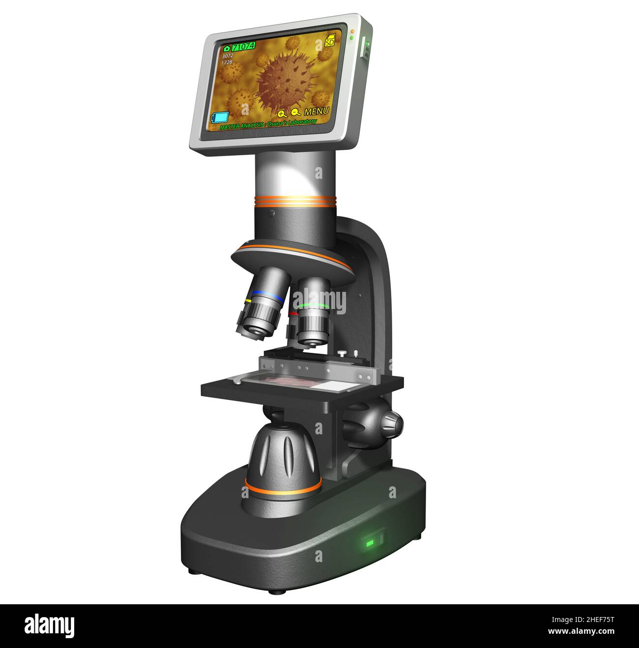 3D Rendering Illustration of a High Resolution Digital Microscope with Screen. Stock Photo