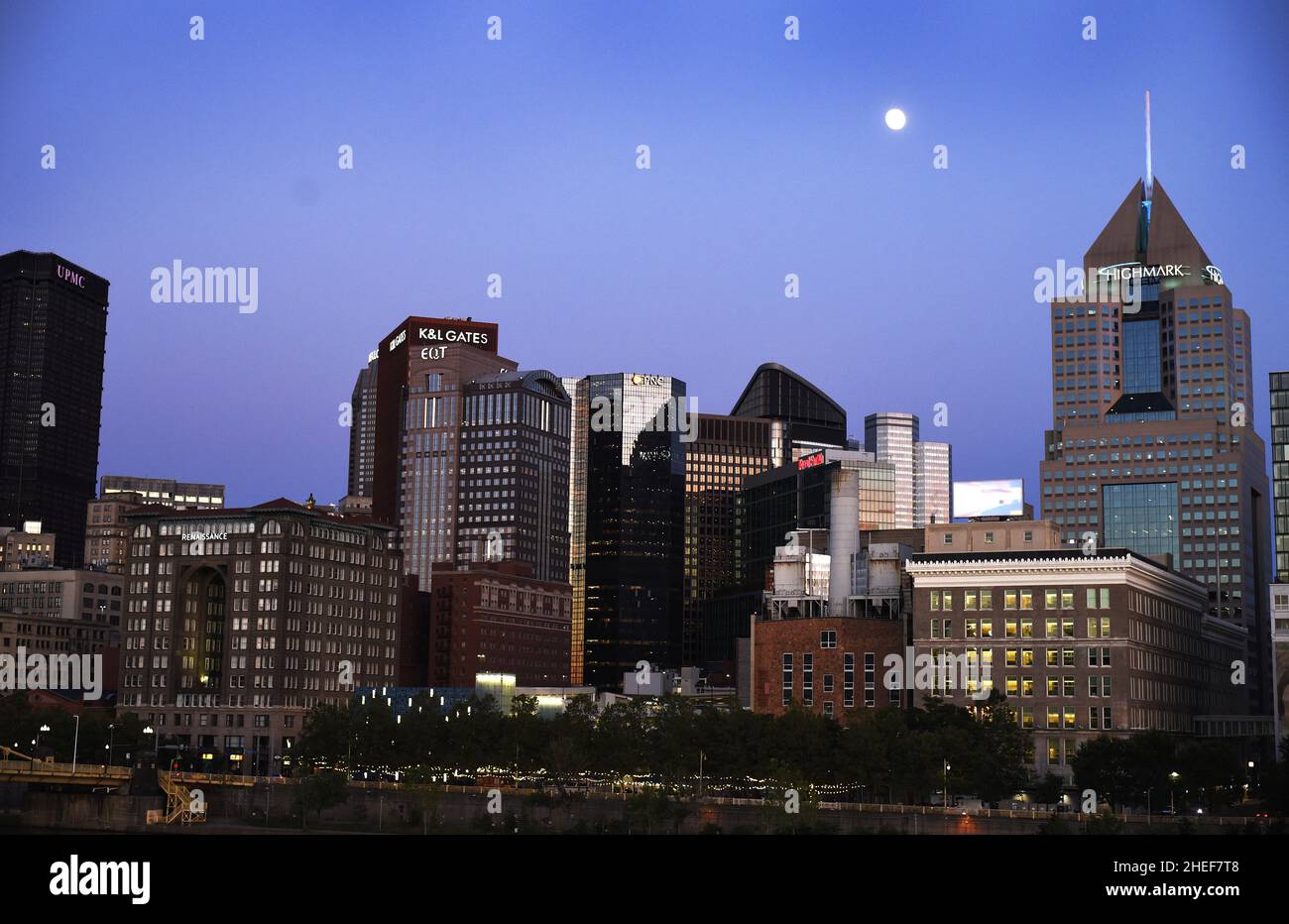 The full moon over downtown Pittsburgh, Pennsylvania on a summer evening in the United States. Stock Photo