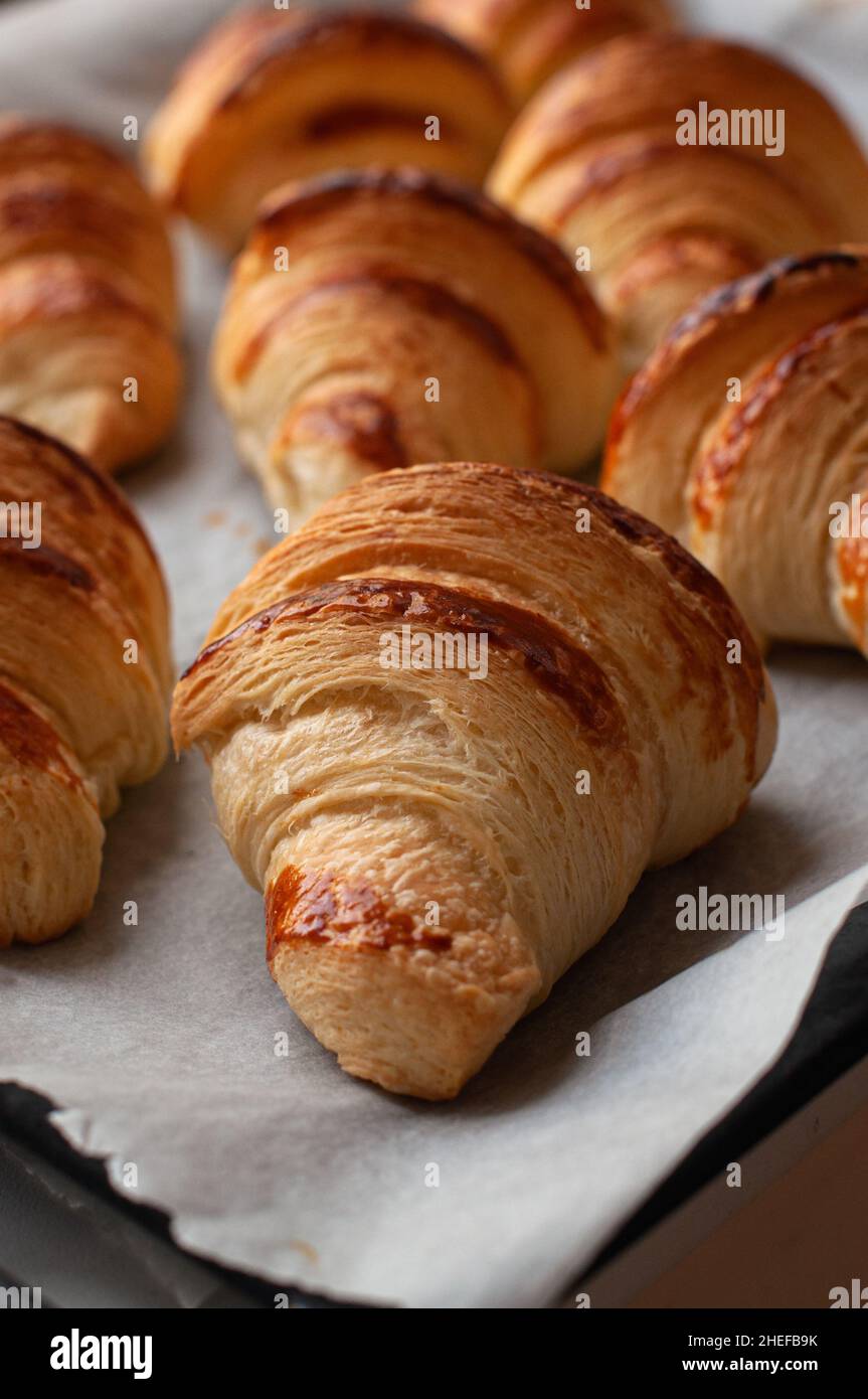 Freshly baked croissants on a parchment paper. Ready to eat puff pastry baking. Hearty and homemade bakery concept.. Stock Photo