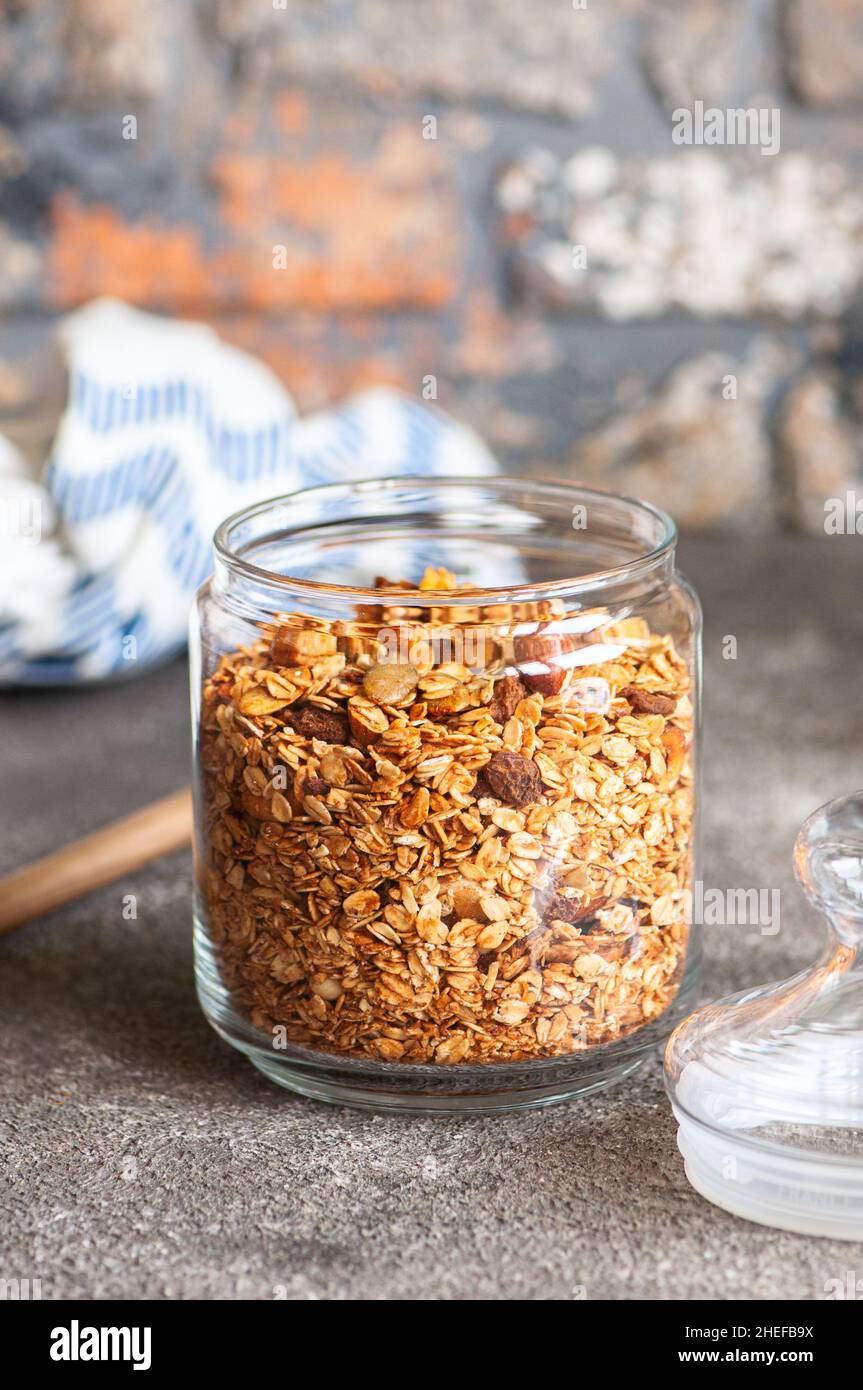 Organic homemade Granola or muesli with oats and nuts. Stock Photo