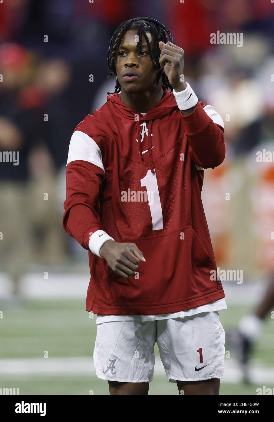 Indianapolis, United States. 10th Jan, 2022. Alabama Crimson Tide wide receiver Jameson Williams (1) warms up before facing Georgia in the 2022 NCAA National Championship football game at Lucas Oil Stadium in Indianapolis, Indiana, on Monday, January 10, 2022. Photo by Aaron Josefczyk/UPI Credit: UPI/Alamy Live News Stock Photo