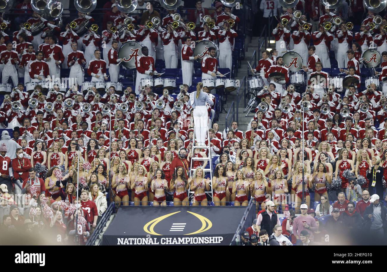 Indianapolis, United States. 10th Jan, 2022. Alabama Crimson Tide band members perform before facing Georgia in the 2022 NCAA National Championship football game at Lucas Oil Stadium in Indianapolis, Indiana, on Monday, January 10, 2022. Photo by Aaron Josefczyk/UPI Credit: UPI/Alamy Live News Stock Photo