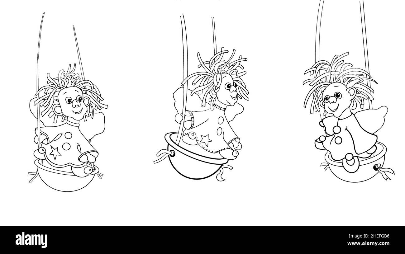 Cute angel swinging on a swing collection for coloring Isolated on white background Stock Photo