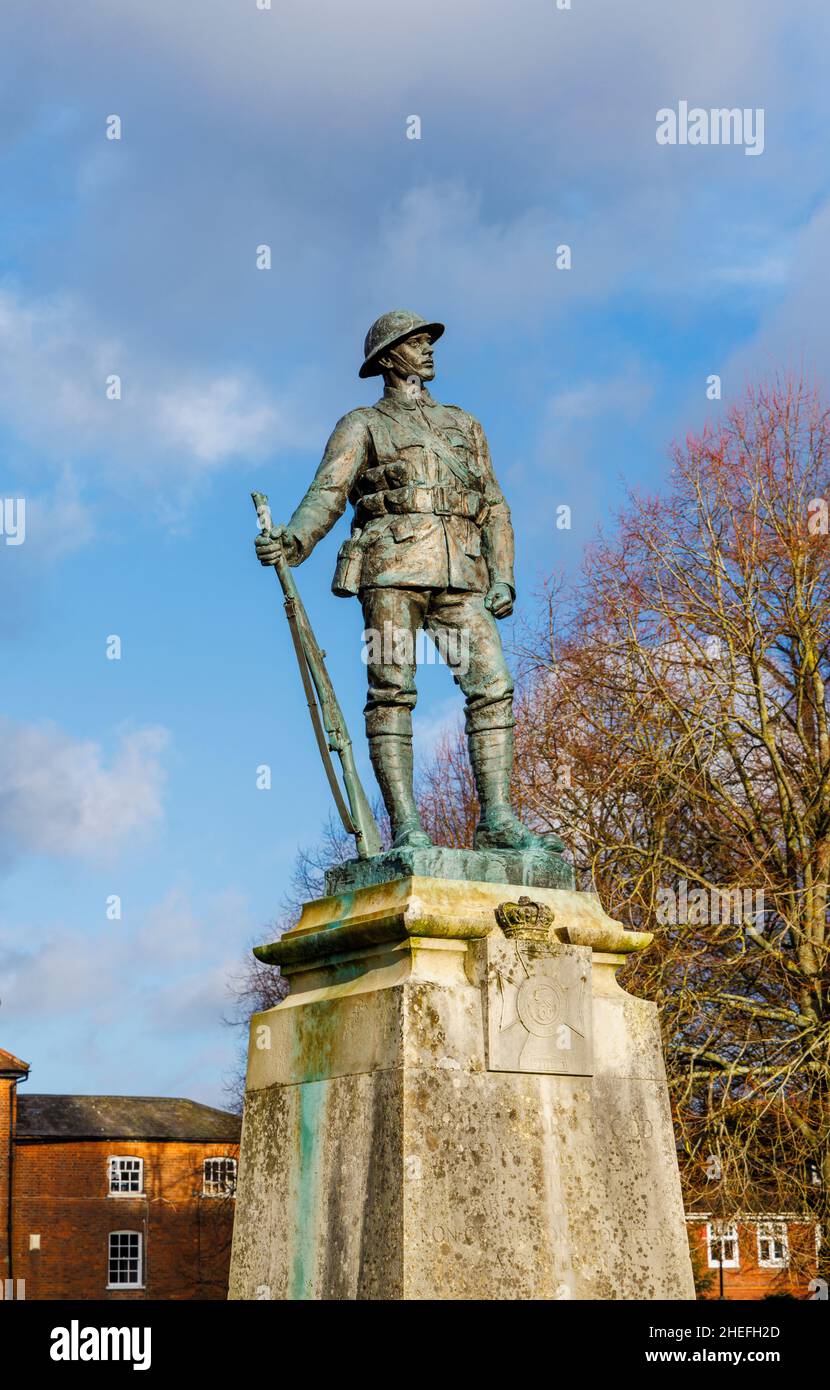 Commemorative memorial bronze statue of a rifleman of The King's Royal Rifle Corps in Cathedral Close, Winchester, Hampshire, England Stock Photo