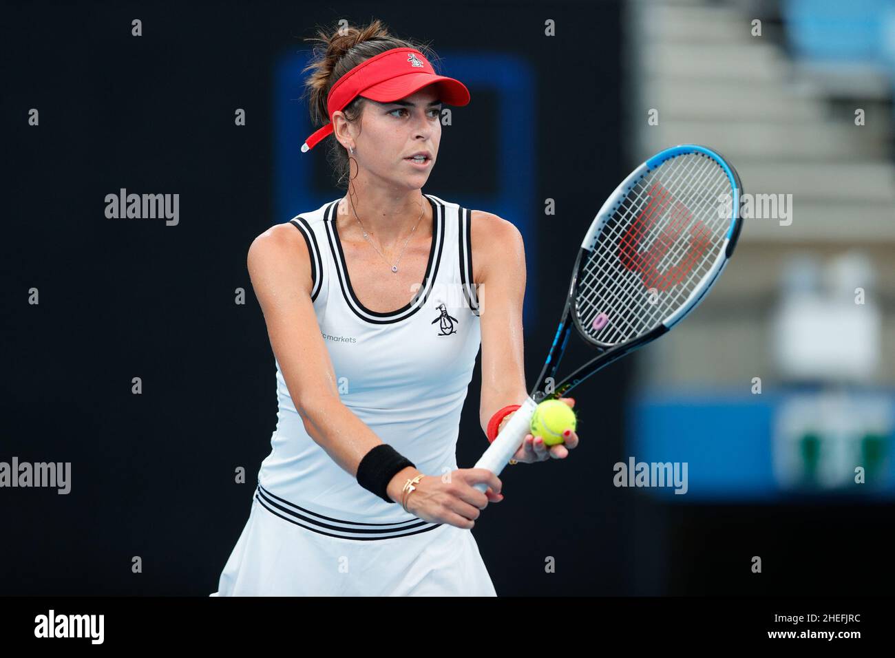 Anna Karolina Schmiedlova serves during a womens singles match at the 2023 US Open, Friday, Sep