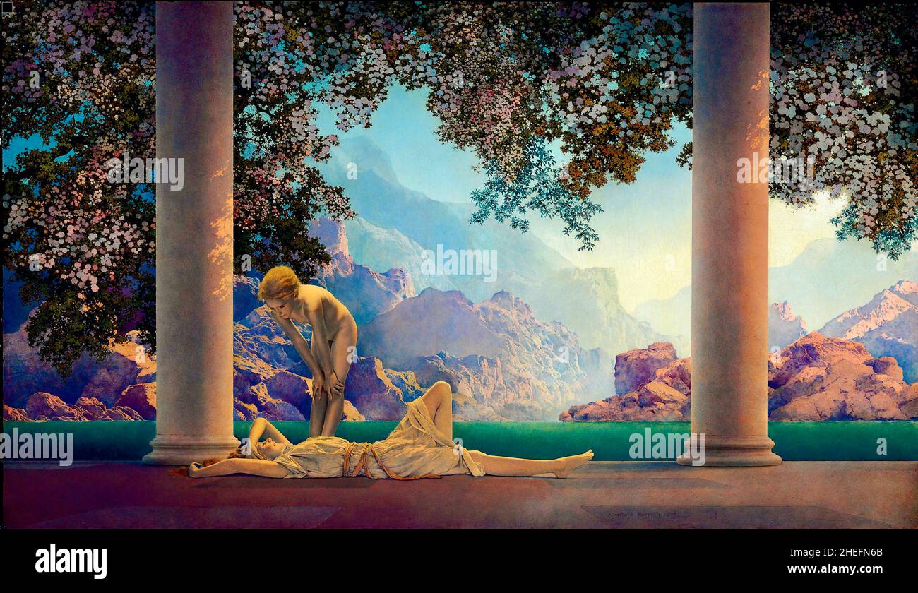 Daybreak by Maxfield Parrish - Two female figures, one standing, one laying on her back, are conversing to a stunning American landscape background. Stock Photo