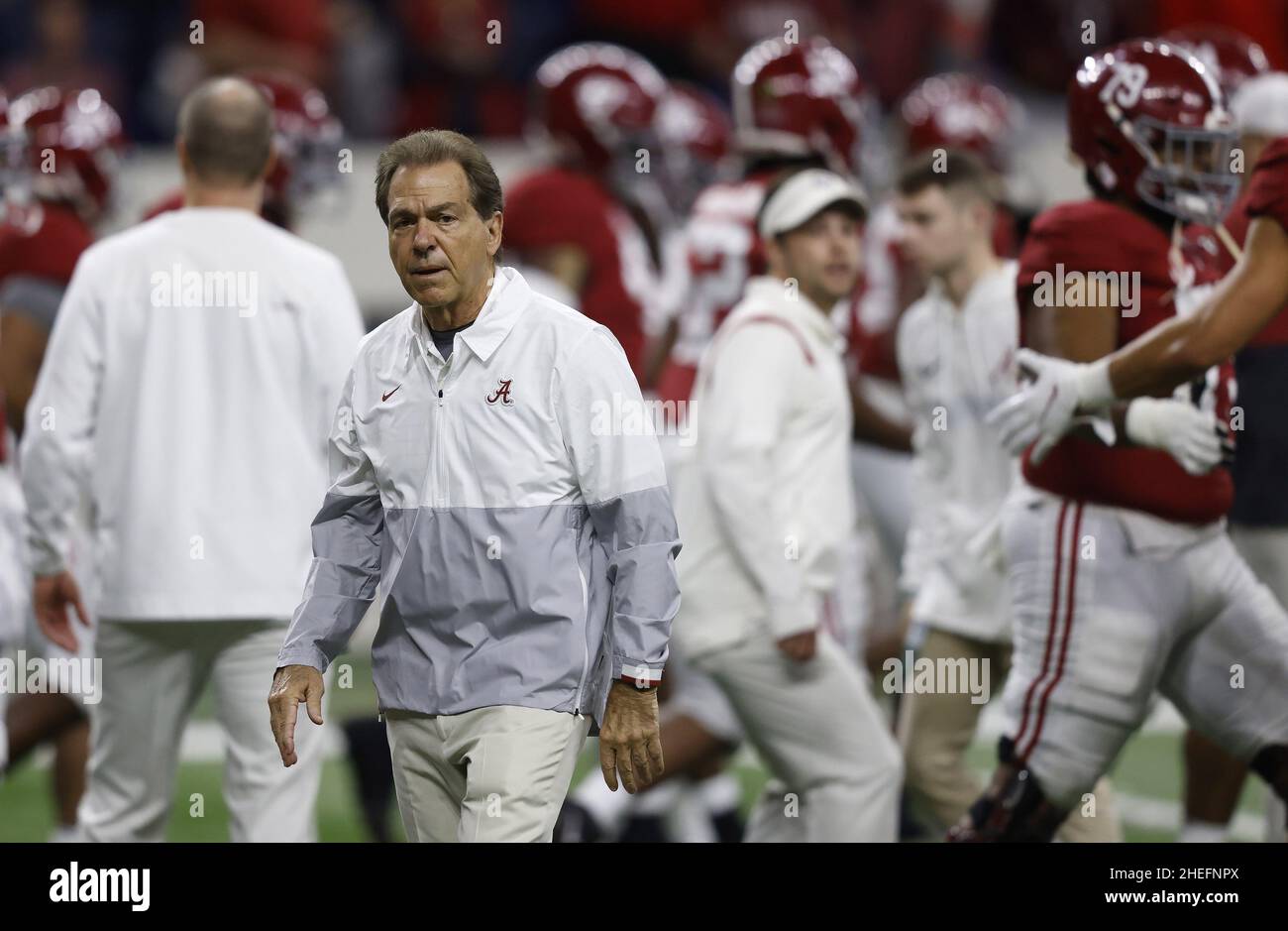 Indianapolis, United States. 10th Jan, 2022. Alabama Crimson Tide head coach Nick Saban surveys his team during the first half of the 2022 NCAA National Championship football game against the Georgia Bulldogs at Lucas Oil Stadium in Indianapolis, Indiana, on Monday, January 10, 2022. Photo by Aaron Josefczyk/UPI Credit: UPI/Alamy Live News Stock Photo