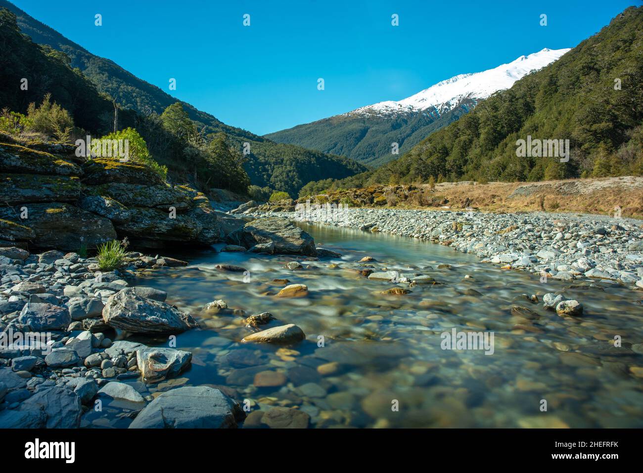 The Makarora River meandering through the Haast Pass in the Southern Alps national park Stock Photo