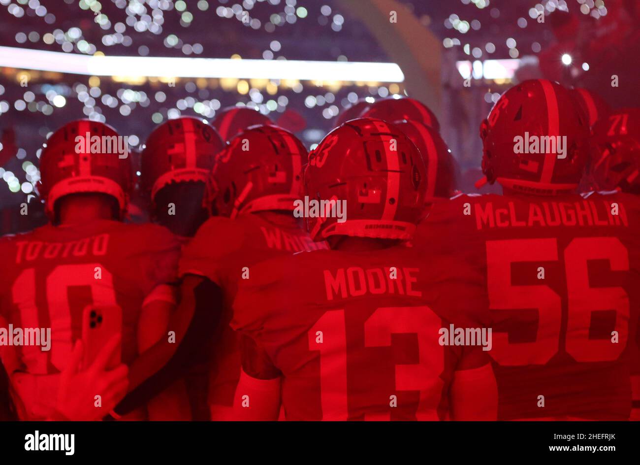 Indianapolis, United States. 10th Jan, 2022. Alabama Crimson Tide players take the field against the Georgia Bulldogs during the first half of the 2022 NCAA National Championship football game at Lucas Oil Stadium in Indianapolis, Indiana, on Monday, January 10, 2022. Photo by Aaron Josefczyk/UPI Credit: UPI/Alamy Live News Stock Photo