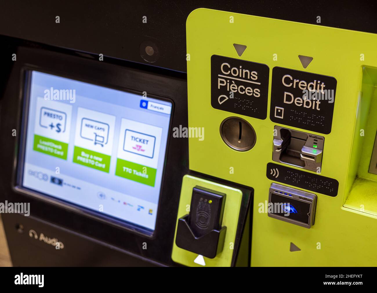 Toronto, Canada, 20 August, 2021: Presto card fare payment machine at the entrance of Toronto public transportation TTC subway station Stock Photo