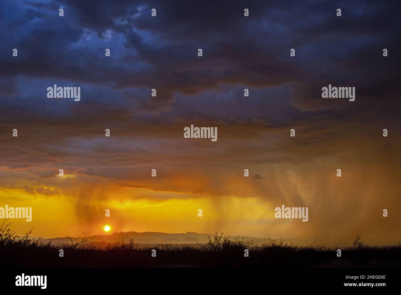Monsoon rain at sunset Stock Photo