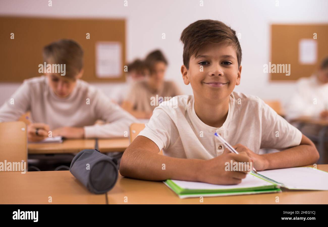 Schoolboy posing in classroom during lesson Stock Photo Alamy